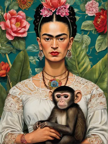 frida,monkey family,bonobo,orientalism,pandero jarocho,pachamama,barbary monkey,the monkey,monkey island,el salvador dali,primates,burmese,monkey gang,geisha,rockabella,monkey,rosa bonita,khokhloma painting,asian vision,primate,Conceptual Art,Fantasy,Fantasy 22