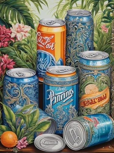 Design a peaceful painting featuring cans of drink amid a serene natural setting.,cans of drink,beverage cans,cans,orangina,paint cans,colored pencil background,empty cans,pomade,aluminum can,coca,oil