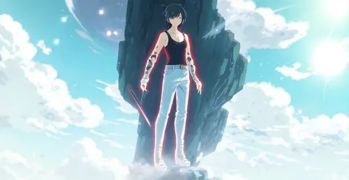 Two katana swords are in her hands and fire is coming out of her body,nine-tailed,sidonia,goddess of justice,sky,sakura background,ascension,background image,fallen angel,34 meters high,torii,2d,anime