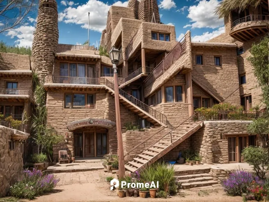 Earthship village ,tree house hotel,dunes house,cliff dwelling,wild west hotel,outside staircase,wooden stairs,eco hotel,winding staircase,hanging houses,escher village,stone stairs,crooked house,spir