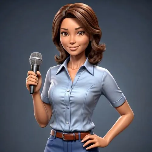 cartoon character, reporter in the news studio, talks about the news of the day holding the microphone, friendly woman, 35 year old Brazilian, medium length brown hair and striking brown eyes, has a g