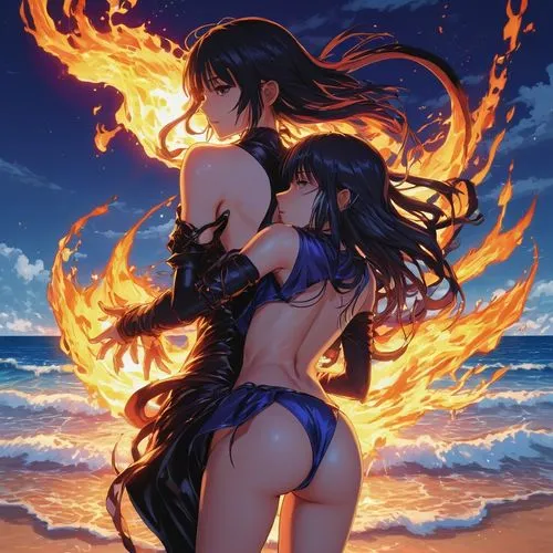 fire background,fire angel,burning hair,fire siren,fire and water,akeno,Illustration,Japanese style,Japanese Style 13