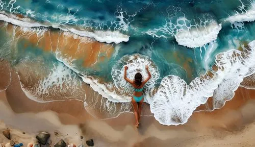 a woman is standing on the sand by the water,mermaid background,sea water splash,girl on the dune,meltwater,surfline,surfer,Illustration,Paper based,Paper Based 04