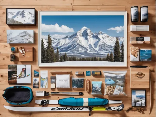 ski equipment,hiking equipment,cascade mountain,ski station,snowy peaks,cork board,camping equipment,boy's room picture,mountain hut,mountain scene,digital photo frame,alpine hut,mountain station,ski resort,picture frames,product display,flat lay,photo frames,wood frame,camping gear,Unique,Design,Knolling