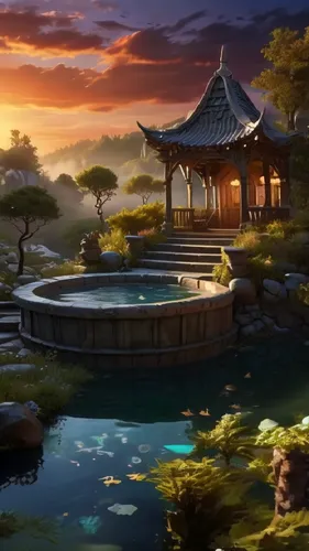 The water is flowing naturally,there is a small pond with a gazebo on it,cartoon video game background,landscape background,japanese garden,japanese zen garden,golden pavilion,japanese background