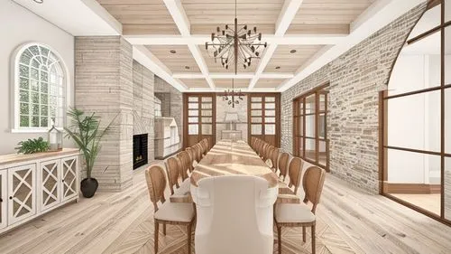 modern rustic dining hall. add lighting, trees. show colors stone floor, wood, white plaster textures,dining room,kitchen & dining room table,breakfast room,dining room table,wooden beams,dining table