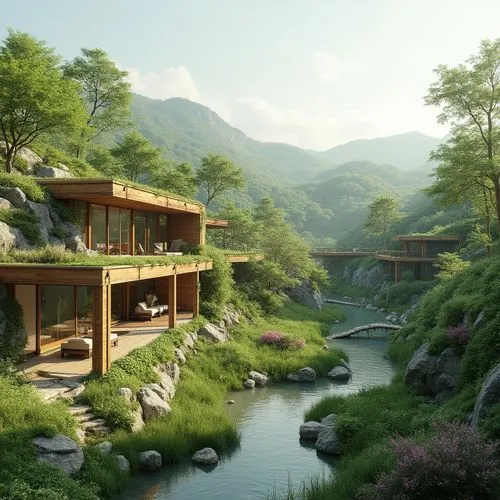 house in mountains,house in the mountains,asian architecture,teahouse,home landscape,teahouses,fallingwater,ryokan,beautiful home,the cabin in the mountains,japan landscape,mountain settlement,tulou,south korea,idyllic,roof landscape,japanese garden,landscaped,fantasy landscape,landscape background,Photography,General,Realistic