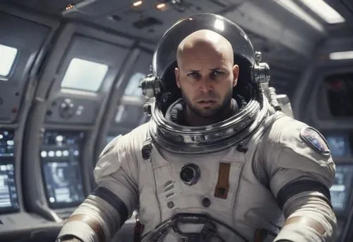 1 man, bald,piloting the ship,astronaut armor, looking forward, in focus, insight, autroistic, imposing, great hero,strong body, good anatomy,astronaut suit,spacesuit,astronaut helmet,space suit,space