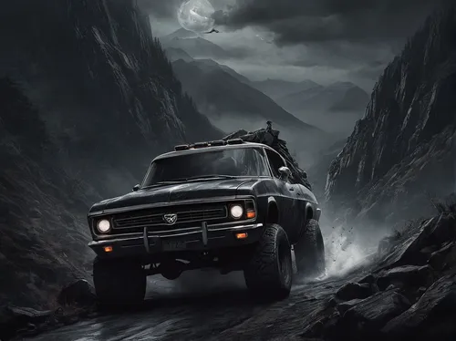 Create a suspenseful scene where Rayo McQueen faces a dangerous obstacle on a mountain road.,jeep gladiator rubicon,dodge power wagon,jeep gladiator,mercedes-benz g-class,ford bronco,jeep comanche,for