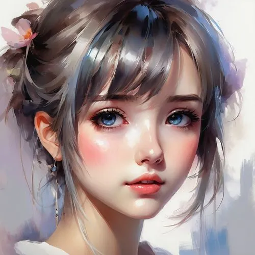 Generate an anime face with blushing cheeks and a shy, downward gaze.,girl portrait,kommuna,digital painting,krita,fantasy portrait,study,girl drawing,mystical portrait of a girl,young girl,romantic p