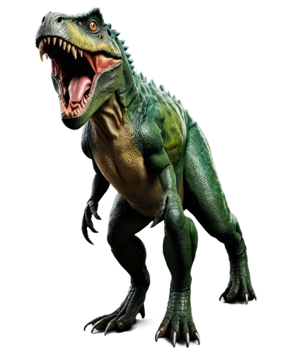 T-Rex, green scaly skin, sharp teeth, angry facial expression, muscular legs, claws on feet, standing posture, front view, detailed texture, rough skin, high contrast lighting, cinematic composition, 