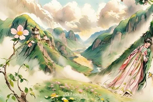 the valley of flowers,mountain scene,landscape background,watercolor background,mountain flower,nature background