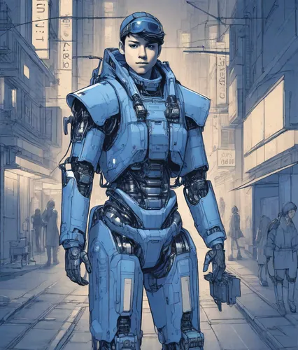 sci fiction illustration,cyborg,military robot,cybernetics,protective suit,blue-collar worker,humanoid,mech,mecha,concept art,robot,walking man,scifi,robotic,shepard,blue-collar,sci fi,cyberpunk,engineer,cyber