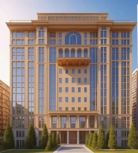 an architectural rendering shows a building with large windows,rotana,kempinski,largest hotel in dubai,mgimo,supreme administrative court,stalin skyscraper,habtoor,borgata,bkc,azerbaijan,alchemax,pall