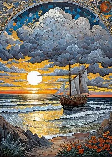 boat landscape,sea sailing ship,sailing ship,sail ship,sea fantasy,dubbeldam,sea landscape,vincent van gough,david bates,sailing,sailing boat,sailing ships,sail boat,seascape,sailboat,fantasy picture,fantasy art,coastal landscape,hildebrandt,scarlet sail,Illustration,Realistic Fantasy,Realistic Fantasy 04