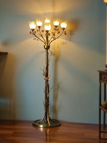 6 light twig floor lamp with glass  flower shade finish in antique brass wrap in wires,a floor lamp with flowers lit on it,candelabra,candelabras,candelabrum,candlestick for three candles,candelight,t