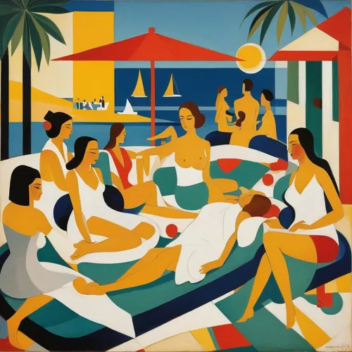 beach restaurant,copacabana,beach bar,beach goers,cd cover,art deco,people on beach,umbrella beach,women at cafe,waikiki beach,art deco woman,beach furniture,picasso,apollo and the muses,regatta,the hotel beach,acapulco,lido di ostia,pool bar,modern pop art,Art,Artistic Painting,Artistic Painting 35