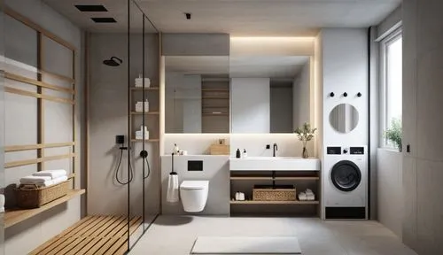 a white bathroom has a washer, toilet, and dryer,modern minimalist bathroom,luxury bathroom,banyo,ensuite,bathroom,smart home,Photography,General,Realistic