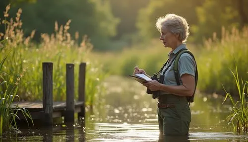 Wetland constructivism project, successful case study, mature lady, naturalist outfit, binoculars around neck, holding notebook, pencil in hand, standing in shallow water, among tall reeds, beside a w