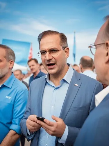 German politician Tino Chrupalla in conversation with sympathizers and enthusiastic fans at the information stand of his blue party on the market square in Görlitz.,man in blue jacket talking to anoth