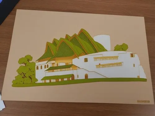 a poster of an architectural building made in paper,kinkakuji,slide canvas,ukiyoe,kanazawa castle,office stationary,post-it note,Photography,General,Realistic