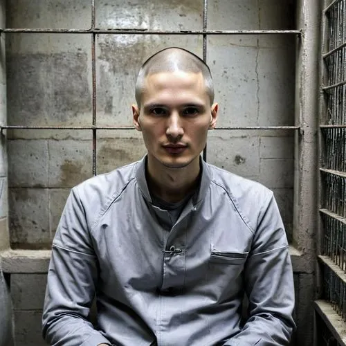 A photo of Pavel Durov, founder of Telegram messenger, behind bars inside a prison cell. He is wearing a prison uniform and has shaved head. The cell is sparse, with a bed, a table, and a chair. The w