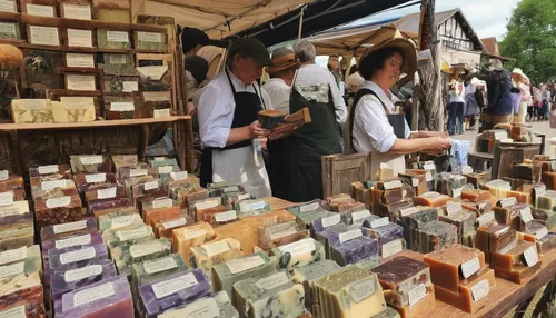 Transport your readers to a bustling artisan market where vendors passionately present their unique handmade soaps, enticing the senses.,medieval market,market stall,stalls,seed stand,kefermarkt,soap 