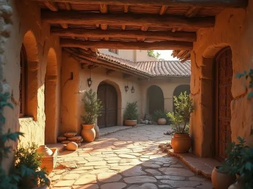 Rustic village setting, traditional earthen homes, natural stone walls, wooden beam ceilings, clay tile roofs, earthy color palette, woven bamboo doors, carved wooden accents, regional textile pattern