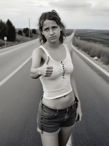 B&W high res photo: A poor-looking young woman stands at the side of the road with her thumb up, hitchhiking.,a woman in a tank top standing on a highway,hitchhiked,hitchhike,hitchhiking,hitchhikes,di