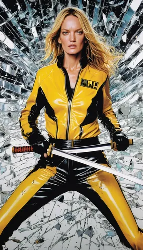 Imagine a dynamic Kill Bill poster with Uma Thurman surrounded by shattered glass.,sprint woman,barb wire,dewalt,canary,women's lacrosse,chainsaw,aa,defense,saw blade,heath-the bumble bee,hard woman,x