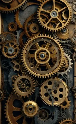 Engranajes de distinto tamaño conectados entre si, con texturas oxidadas , como si fuese una maquina vieja, hd, 4k, hi definition, vista de frente,gears and wheels on a mechanism po,steampunk gears,to