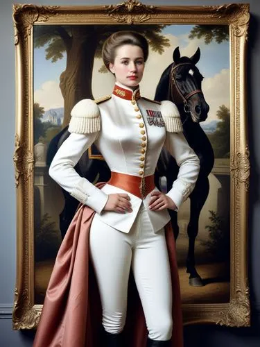 Karl stands at attention in front of the impressive equestrian portrait of his respectable Prussian girlfriend, Colonel-General Viktoria-Louise von Manteuffel.,a young woman is dressed in a uniform fo