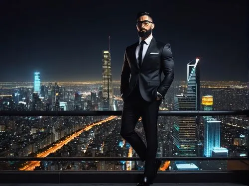 Jordan Yin Yang, male, mature, 35yo, muscular build, short black hair, stylish glasses, beard, formal wear, black suit, white shirt, black tie, leather shoes, standing, confident pose, cityscape, skys