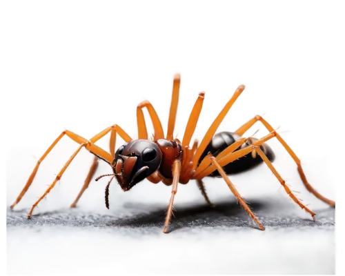 Macro photography, tiny ant, solo, close-up, detailed eyes, shiny exoskeleton, brown body, thin legs, antennae, mandibles, standing, textured surface, natural light, shallow depth of field, high contr