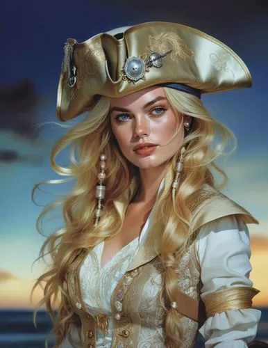 a woman wearing a pirate hat, charlie bowater character art, treasure island, it is the captain of a crew, black and white coloring, drawn in the style of mark arian, portrait of margot robbie, unused