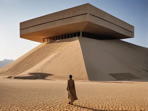 Tadao Ando-designed extensive military fortress, "Dune" movie universe, immense size, blended with brutalism, abstract minimalist shapes, reinforced concrete monolith, stark geometry combined with rou