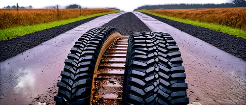 Muddy tire tracks, rural road, wet earth, deep grooves, uneven terrain, worn-out tires, rustic atmosphere, overcast sky, 3/4 composition, shallow depth of field, warm color tone, cinematic lighting.,t