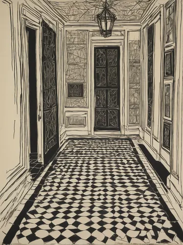 checkered floor,hallway,parquet,hallway space,the threshold of the house,floor tiles,corridor,flooring,floor,danish room,wooden floor,house drawing,rooms,floors,empty interior,escher,black and white pattern,entrance hall,tile flooring,house entrance,Conceptual Art,Oil color,Oil Color 15