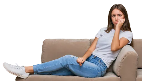 Young woman, anxious expression, biting nails, messy brown hair, sweat droplets on forehead, plain white t-shirt, ripped jeans, sneakers, sitting on couch, legs crossed, fidgeting hands, soft warm lig