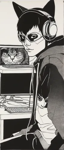 
skull guy sitting at computer with (rock music hoodie) and (cat ear headphones) on, incredible hand-drawn manga, black and white, by Takehiko Inoue, by Katsuhiro Otomo and akira toriyama manga, hand-