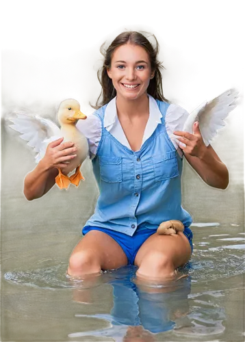 Riding, duck, Shota, happy face, messy brown hair, bright blue eyes, white shirt, rolled-up sleeves, blue shorts, bare feet, holding duck's neck, sitting on back of duck, duck's wings spread wide, web