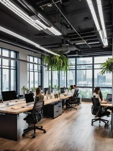 Modern open-concept office, collaborative workspace, minimalistic interior design, glass walls, wooden floors, sleek lines, bright natural light, floor-to-ceiling windows, urban cityscape view, greene