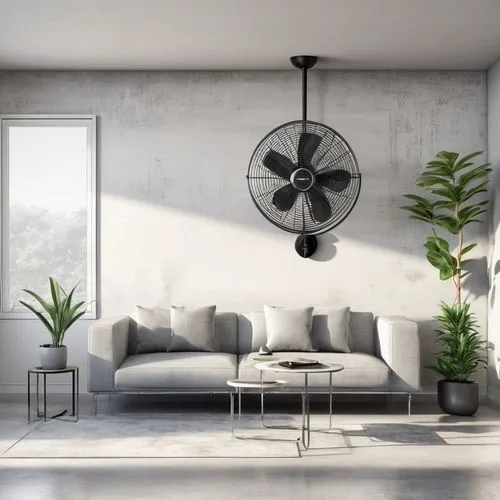 Modern living room, sleek wall-mounted oscillating fan, silver metallic body, circular shape, three blades, adjustable head, white grille, black cord, mounted on a light gray concrete wall, surrounded