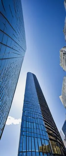 Modern skyscraper, futuristic architecture, sleek lines, glass facade, steel beams, urban cityscape, daytime, sunny weather, clear blue sky, cloudless, city traffic, busy streets, commercial district,