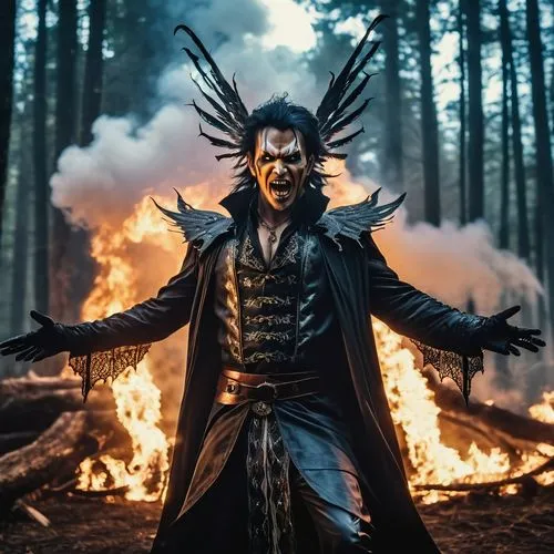 Lightning fire, smoke, Epic Scene with a Dark Fairy,glowing,misty, uhd photorealisitc authentic psychotic angry madman wearing Dark fantasy outfit and intricate gothic  makeup,do something dark magic 