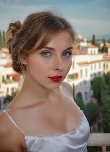 a portrait of a beautiful young caucasian girl 25 years old, brown hair, red lips, blue eyes, confident expression in a white nighty stand up in a balcony at morning whit lighting natural and Venezia 