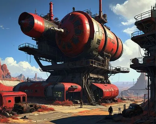 fallout universe concept art in a sci-fi setting. fallout 4 game series. fallout red rocket station base building. survival in a futuristic fallout world.,industrial landscape,factory ship,airships,mi