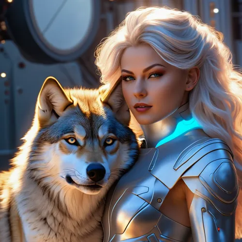 fantasy picture,fantasy portrait,fantasy art,sci fiction illustration,world digital painting,fantasy woman,cg artwork,elsa,samara,fairy tale icons,ursa,heroic fantasy,digital painting,companion dog,silver,two wolves,wolf couple,white shepherd,portrait background,custom portrait,Photography,General,Realistic