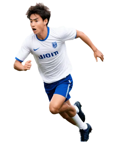 male, football player, athletic build, muscular arms, strong legs, messy short hair, sweat droplets, facial expression focused, bright eyes, white jersey, blue shorts, soccer ball at feet, running pos