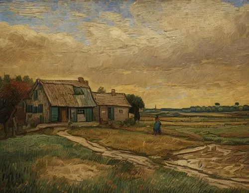 Painting in the style of Vincent van Gogh in 1881,ausley,farm landscape,gogh,carpentier,guillaumin,vincent van gough,rural landscape,david bates,vincent,agricultural scene,sisley,carel,pissarro,loekke